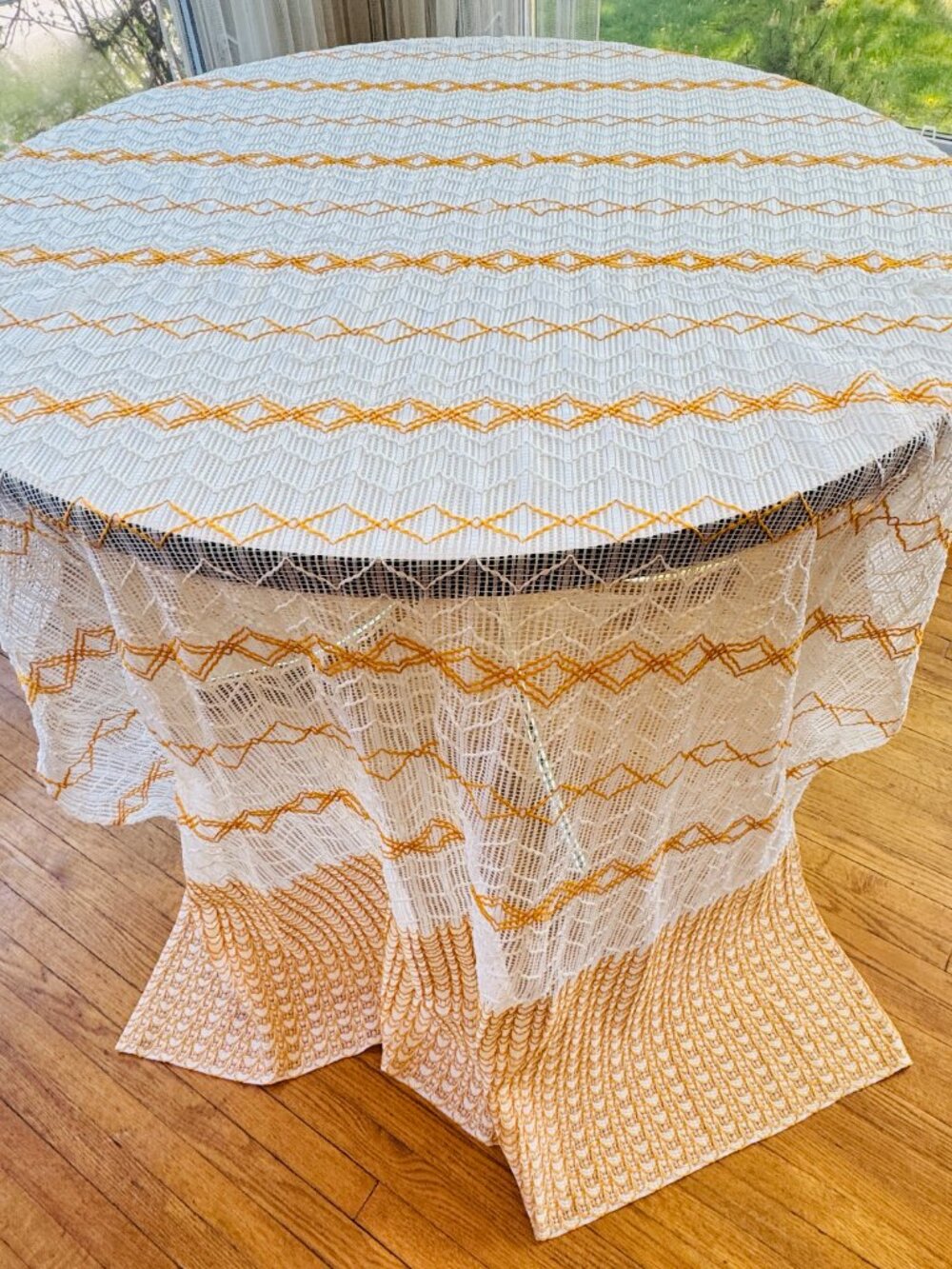 Vintage 70s mesh curtain, white, orange groovy stripes, single long panel